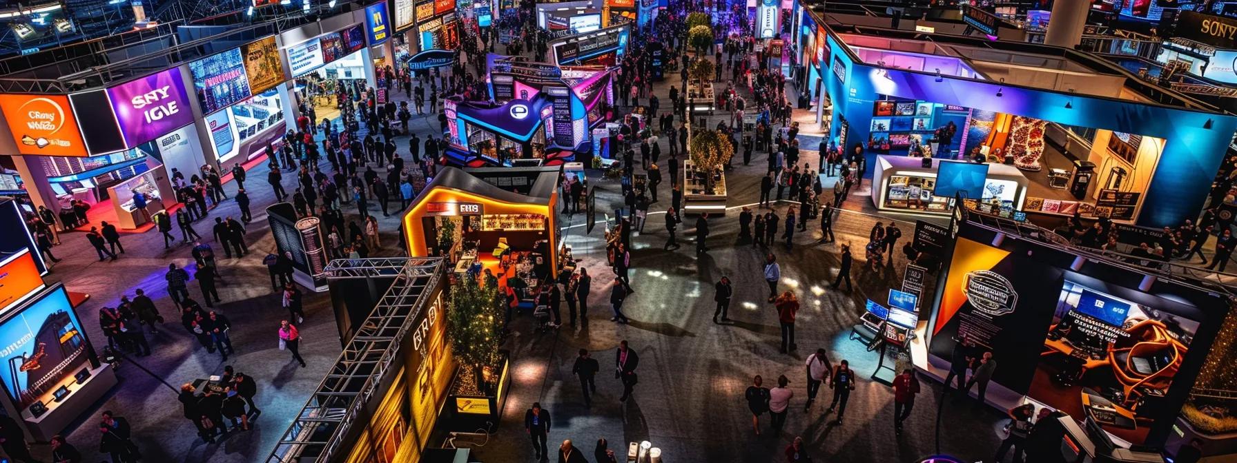 a bustling trade show floor brimming with vibrant booths, where enthusiastic office copier dealers engage in dynamic conversations, surrounded by eye-catching displays and eager professionals seeking innovative solutions.