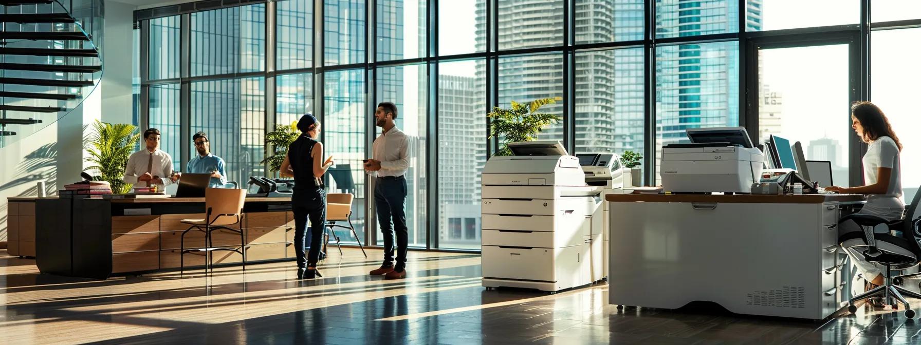 a dynamic, modern office environment showcases a diverse group of professionals engaged in a lively discussion around high-tech office copiers and document management systems, illuminated by bright natural light streaming through large windows.