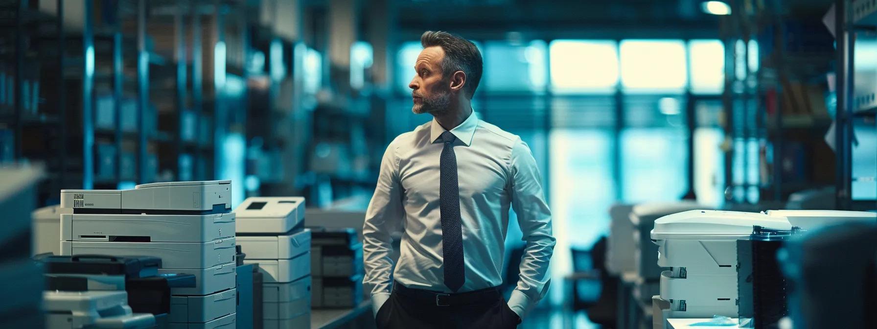 a dynamic office environment showcases a confident salesman engaging in a passionate cold call, surrounded by stacks of office copiers, with a focused expression and vibrant lighting that highlights the urgency of lead generation.