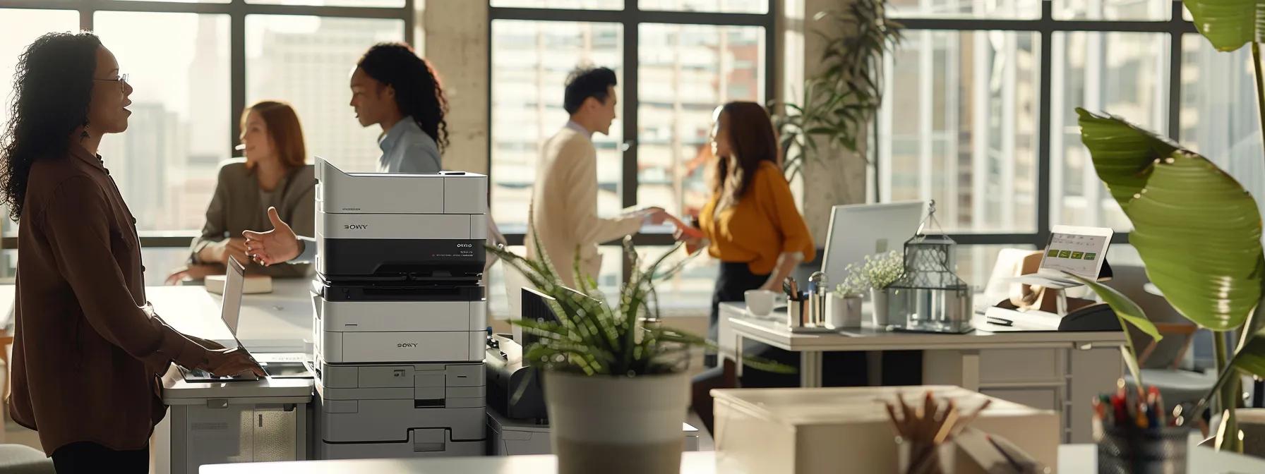 a vibrant office setting, showcasing a diverse group of satisfied customers engaging enthusiastically around a sleek multifunction printer, symbolizing the power of referral programs in boosting sales and fostering business relationships.